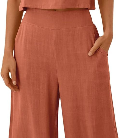 ANRABESS 2teiliges SommerOutfit fr Damen rmellos bauchfreies Top Caprihose weites Bein Hose Overall Leinen Lounge Strand ReiseSets