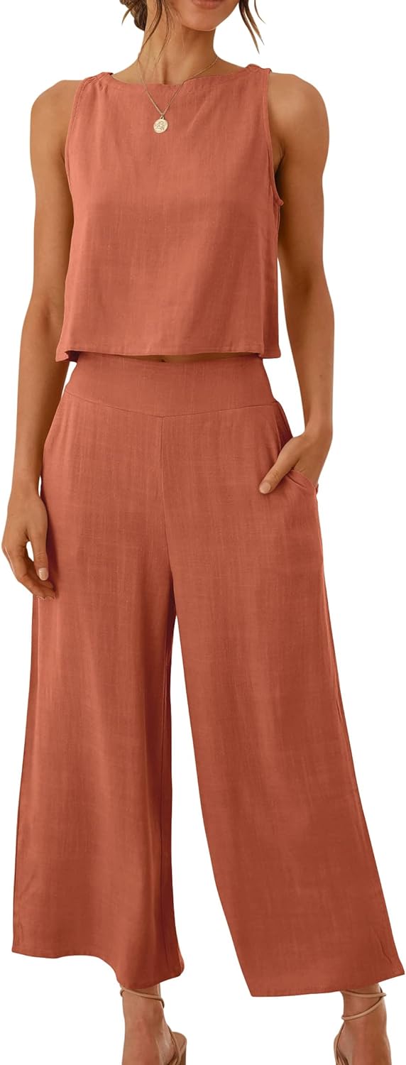 ANRABESS 2teiliges SommerOutfit fr Damen rmellos bauchfreies Top Caprihose weites Bein Hose Overall Leinen Lounge Strand ReiseSets