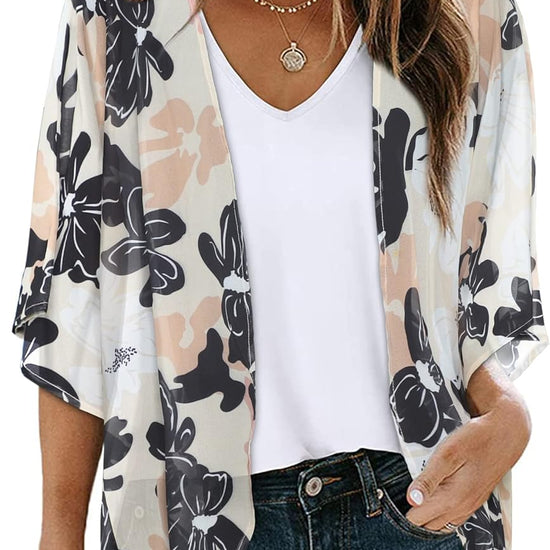 DamenKimonoCardigan mit Blumendruck Puffrmeln lockeres CoverUp lssige BlusenTops