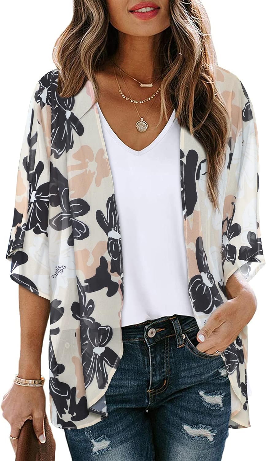 DamenKimonoCardigan mit Blumendruck Puffrmeln lockeres CoverUp lssige BlusenTops